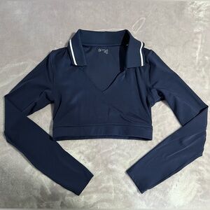 OFFLINE By Aerie Real Me Long Sleeve Polo T-Shirt Small navy blue